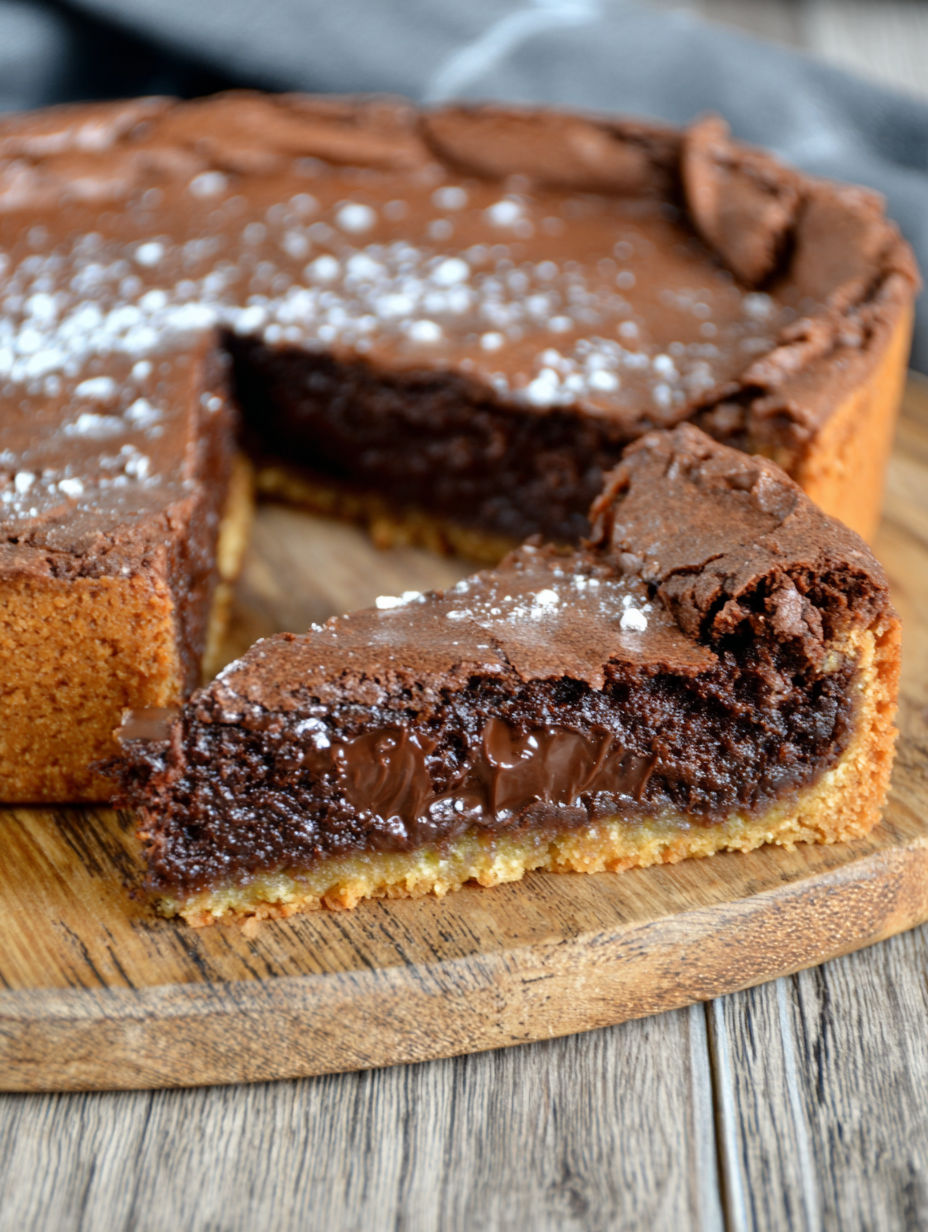 A slice of chocolate cake with powdered sugar on top.
