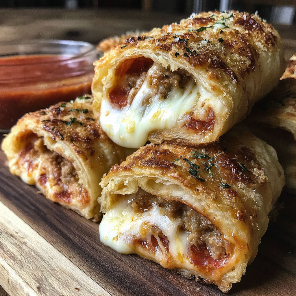 A stack of pizza rolls with cheese and tomato sauce.