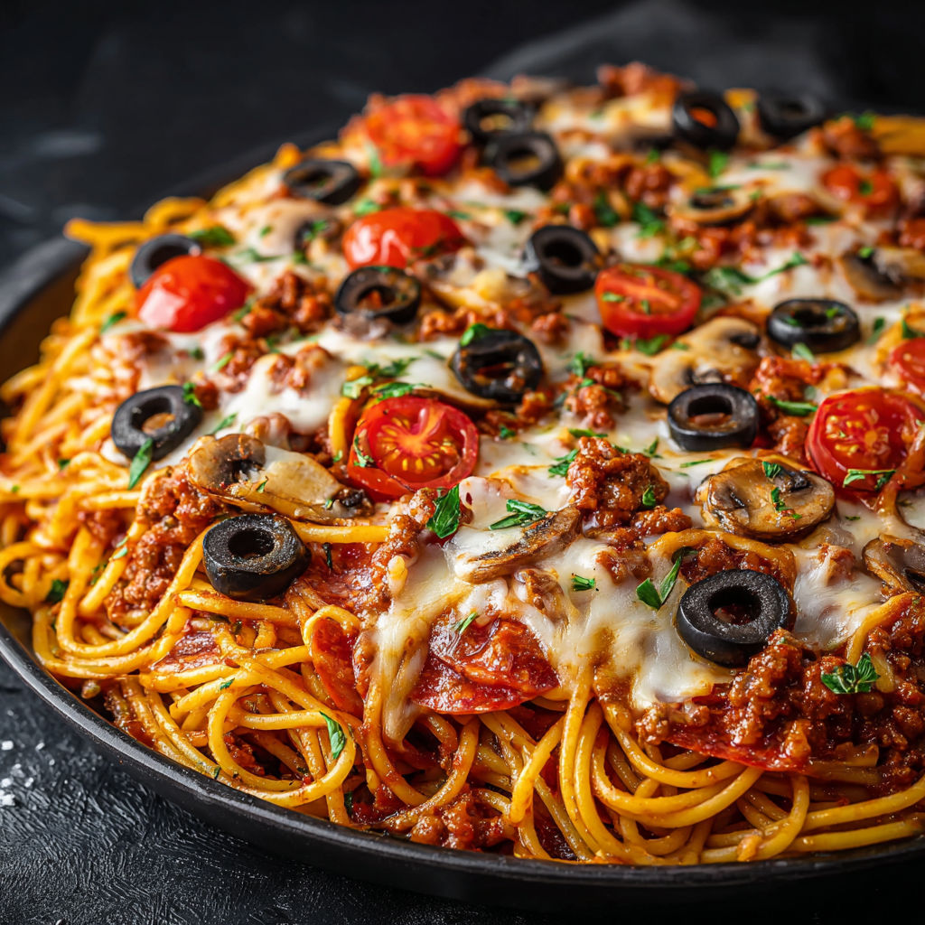 A plate of spaghetti with meat and vegetables.