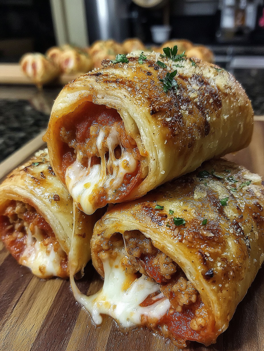 A close up of a delicious meat and cheese filled pastry.