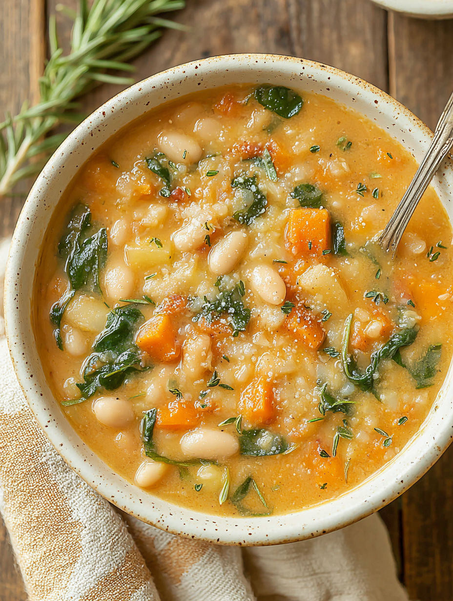 A bowl of soup with a spoon in it.