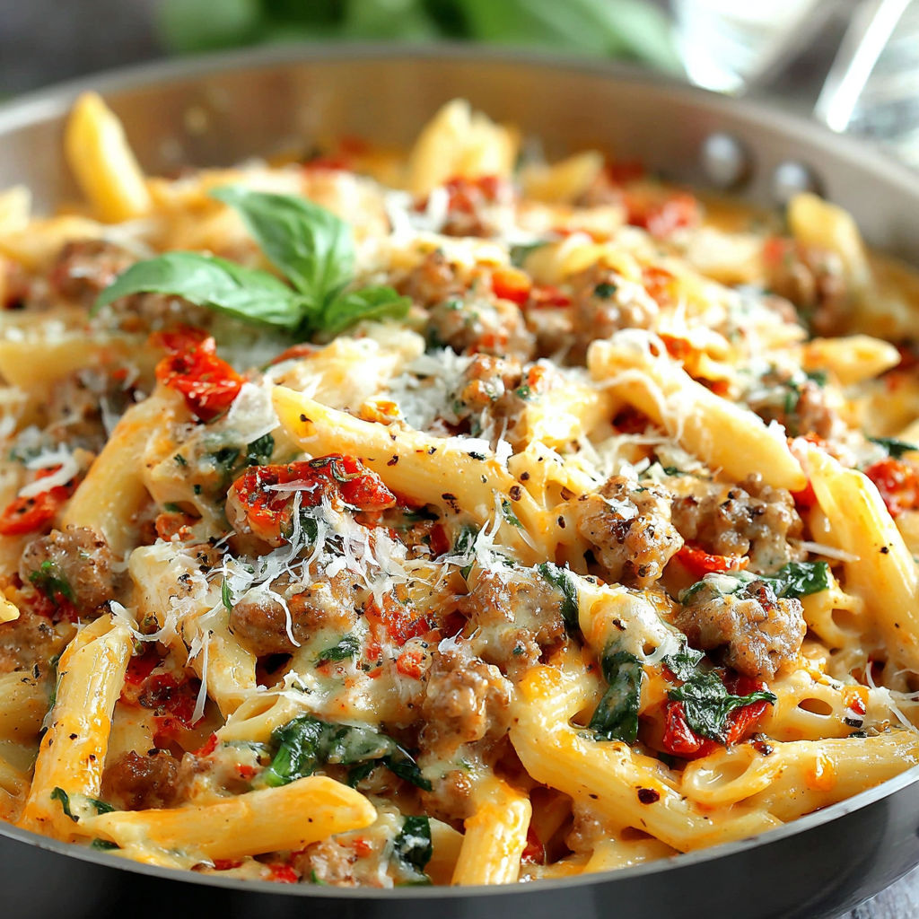 A delicious creamy Tuscan sausage pasta dish.
