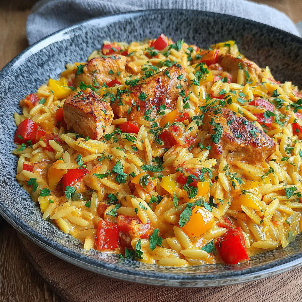A plate of rice with chicken and peppers.