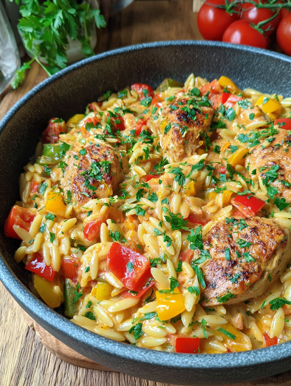 A dish of chicken with rice and peppers.