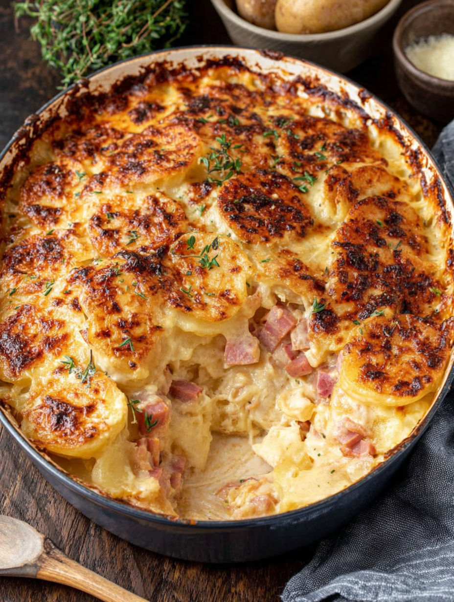 A pan of food with the words "Ina Garten Scalloped Potatoes And Ham Recipe" written on it.