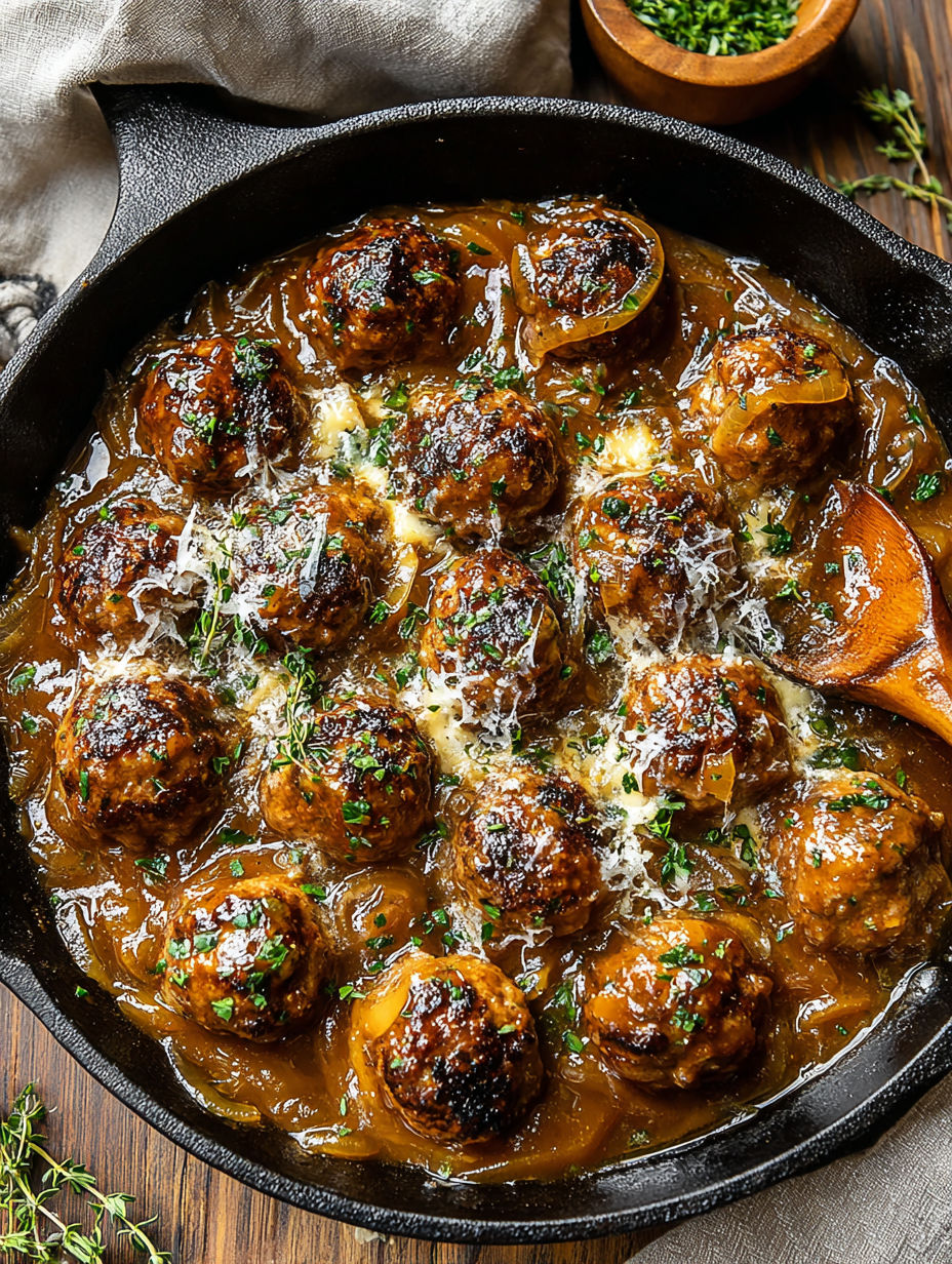 A pan of meatballs in a brown sauce.