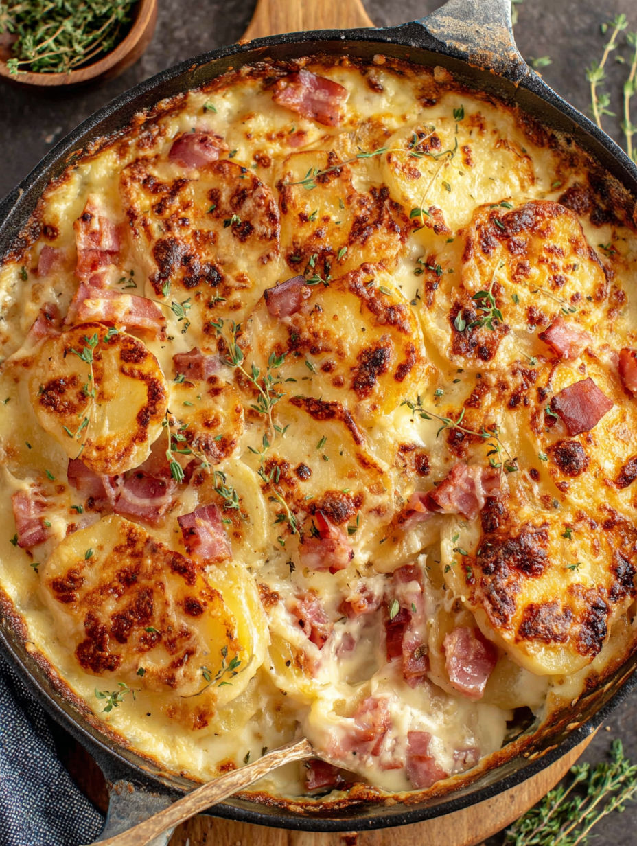 A delicious looking dish of scalloped potatoes and ham.