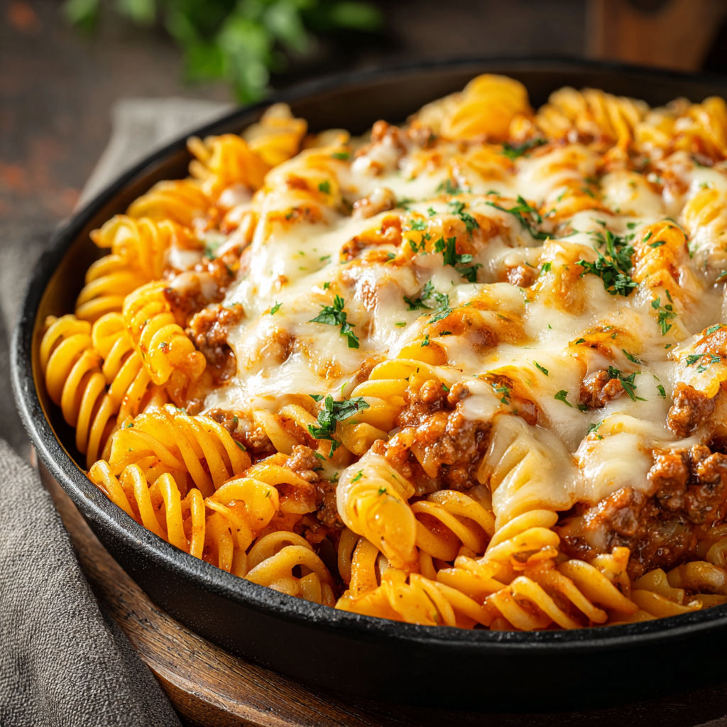 A dish of pasta with meat and cheese.