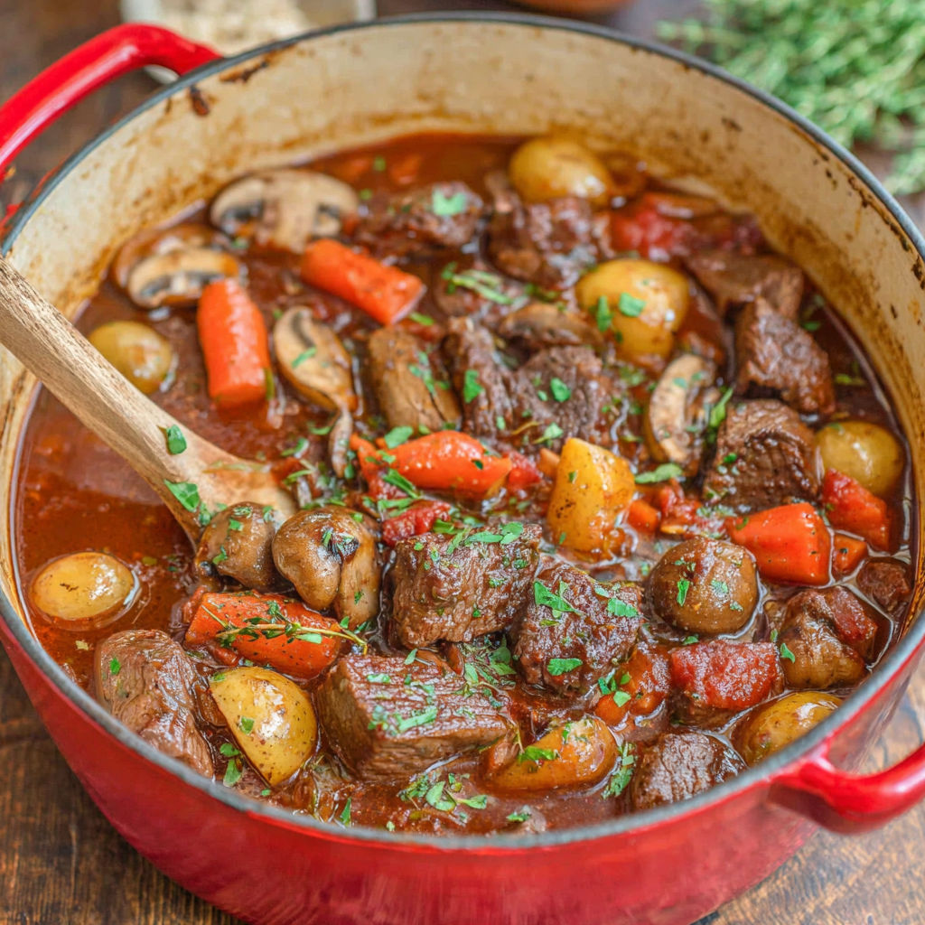 A pot of beef stew with mushrooms, carrots, and potatoes.