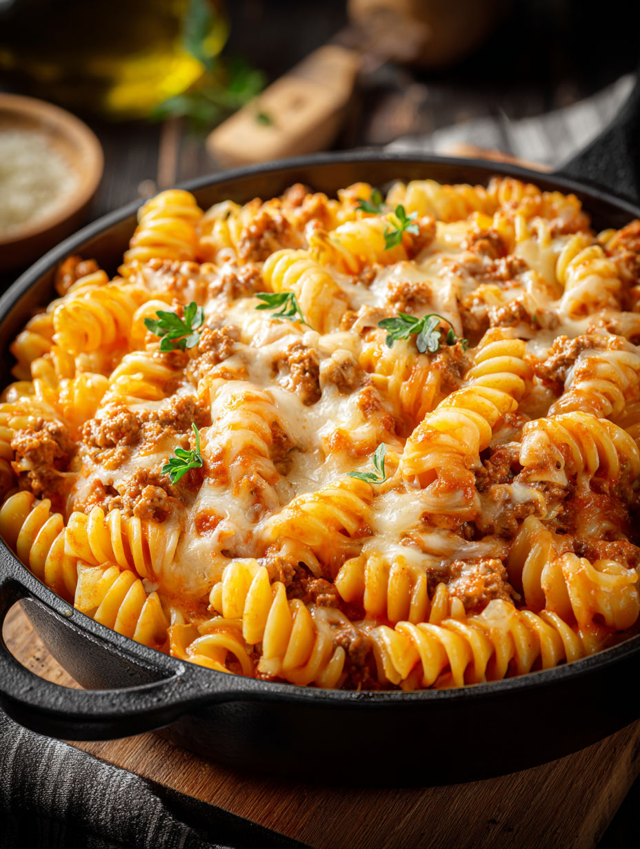 A pan of pasta with meat and cheese.
