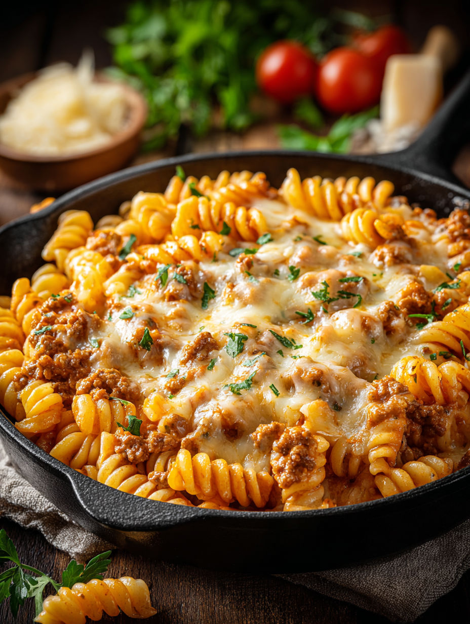 A pan of pasta with meat and cheese.
