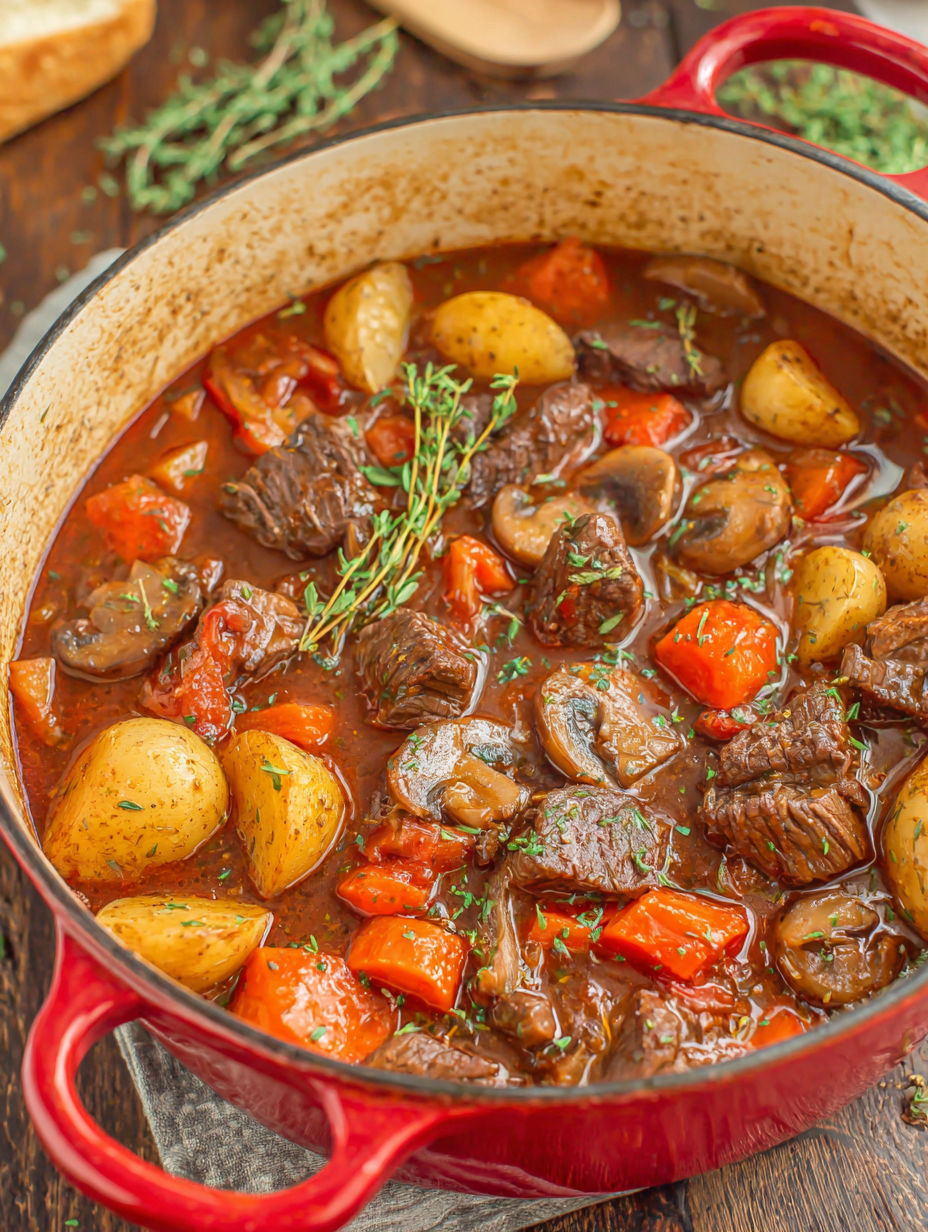 A pot of beef stew with vegetables.