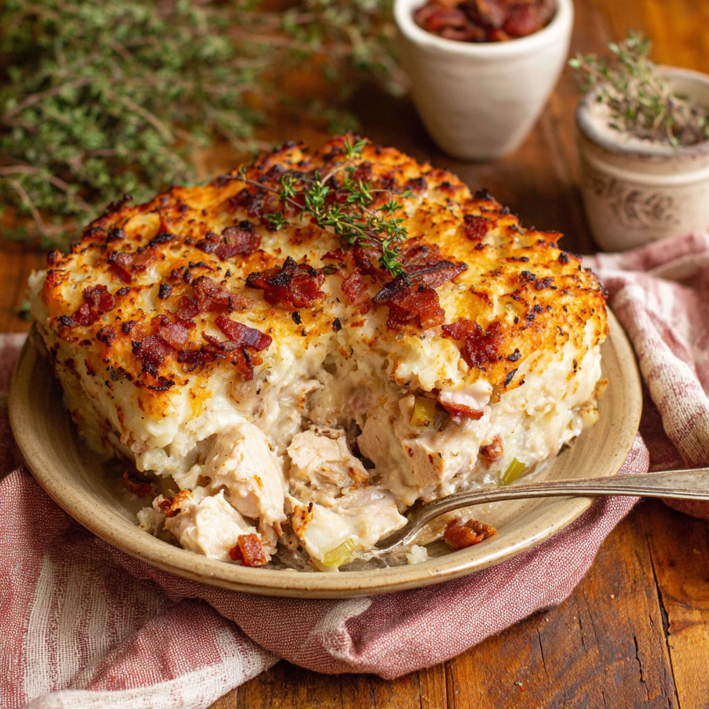 A plate of chicken and bacon mashed potato pie.