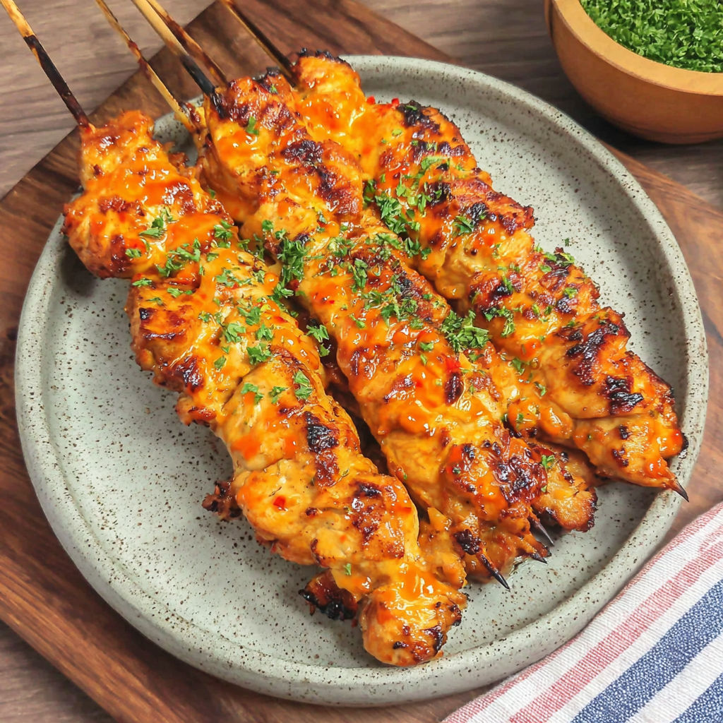 Two pieces of saftige hähnchenspieße on a plate.