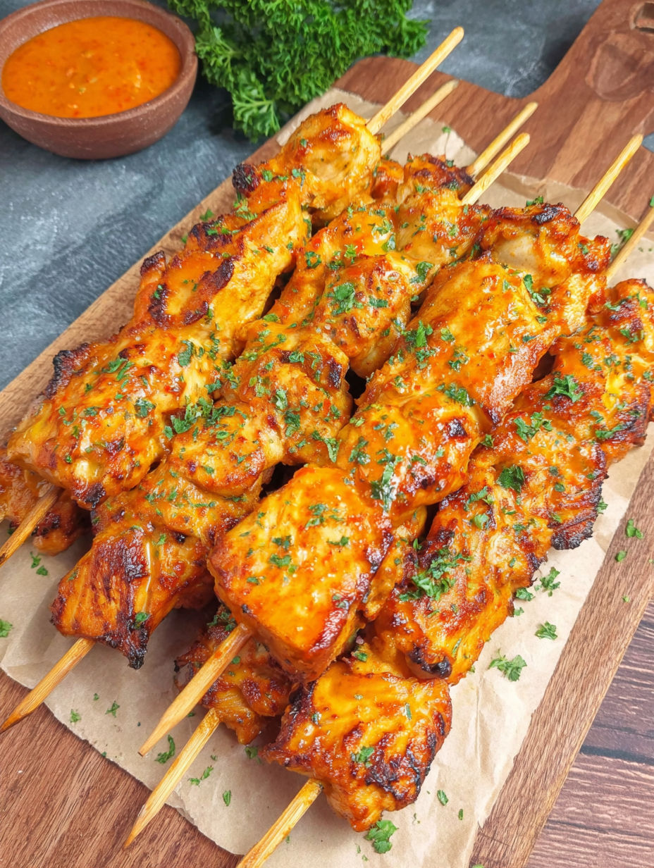 A wooden board with saftige hähnchenspieße.