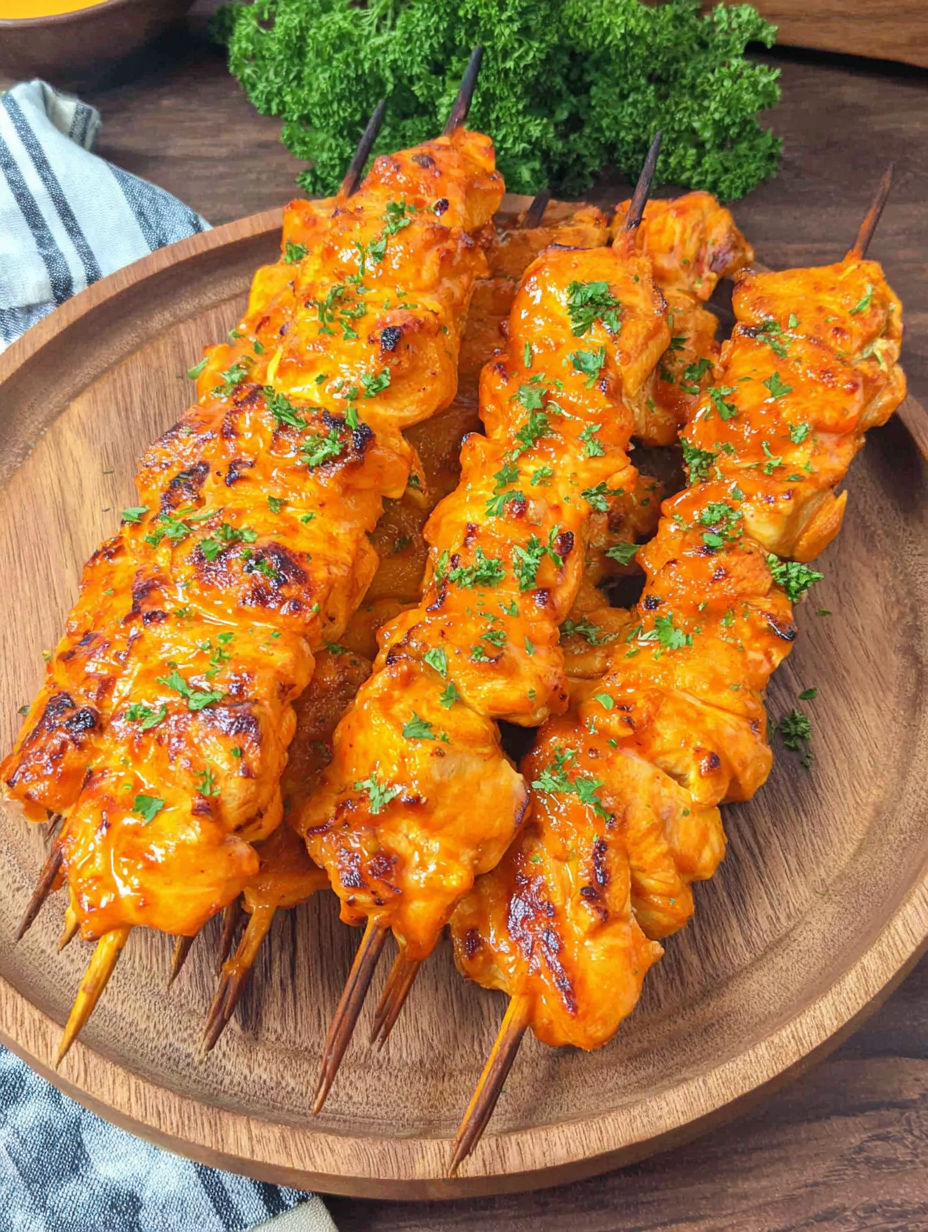 Saftige Hähnchenspieße auf einem Brett.