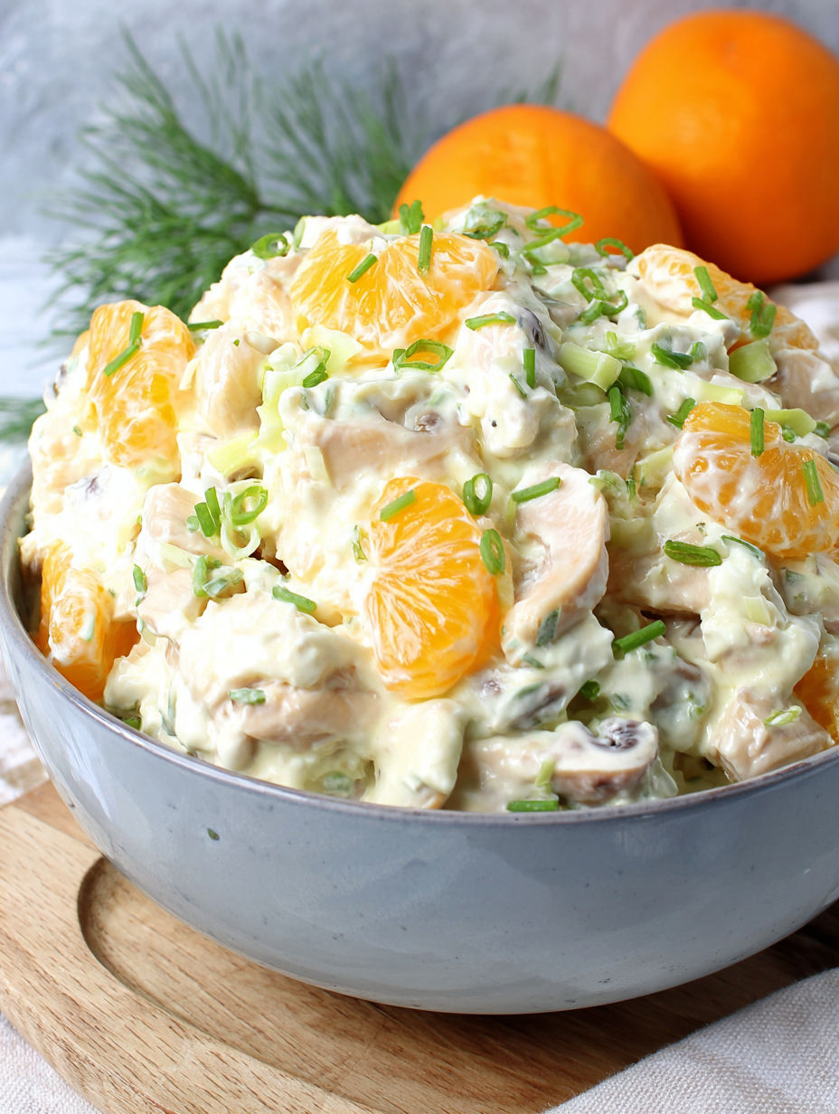 A bowl of salad with oranges and green onions.