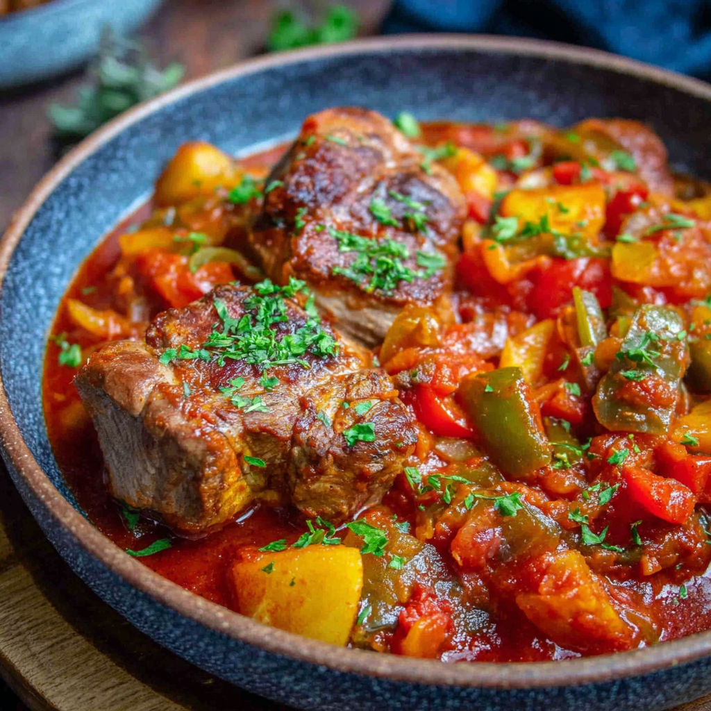A bowl of meat and vegetables.
