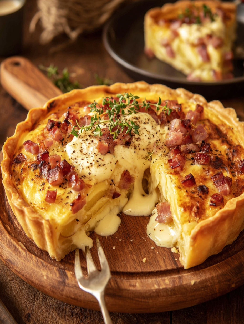 A slice of tarte raclette with cheese and bacon.