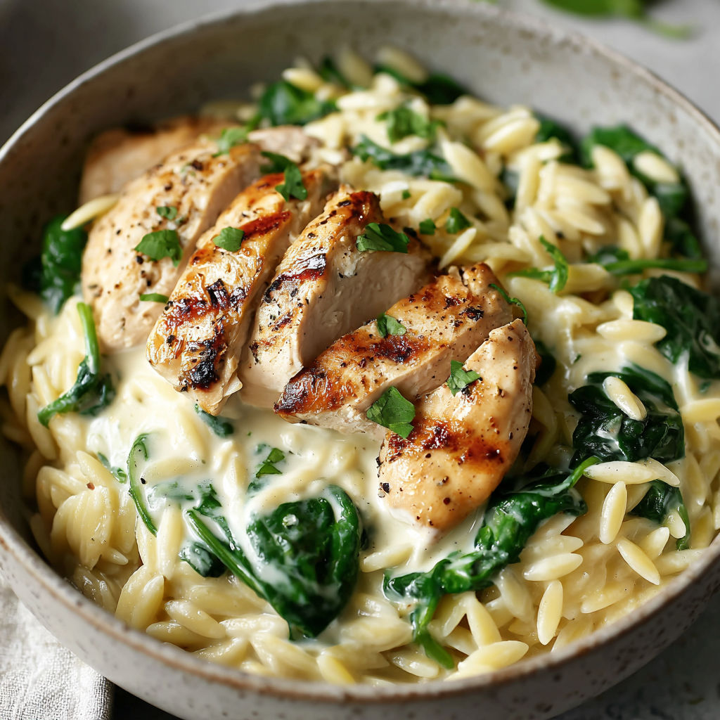 A bowl of creamy Boursin Orzo with chicken.