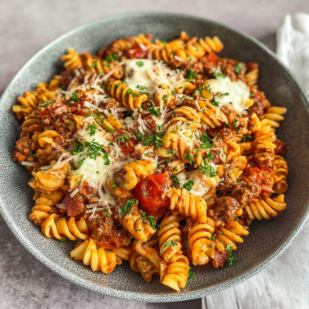 A bowl of pasta with meat and cheese.