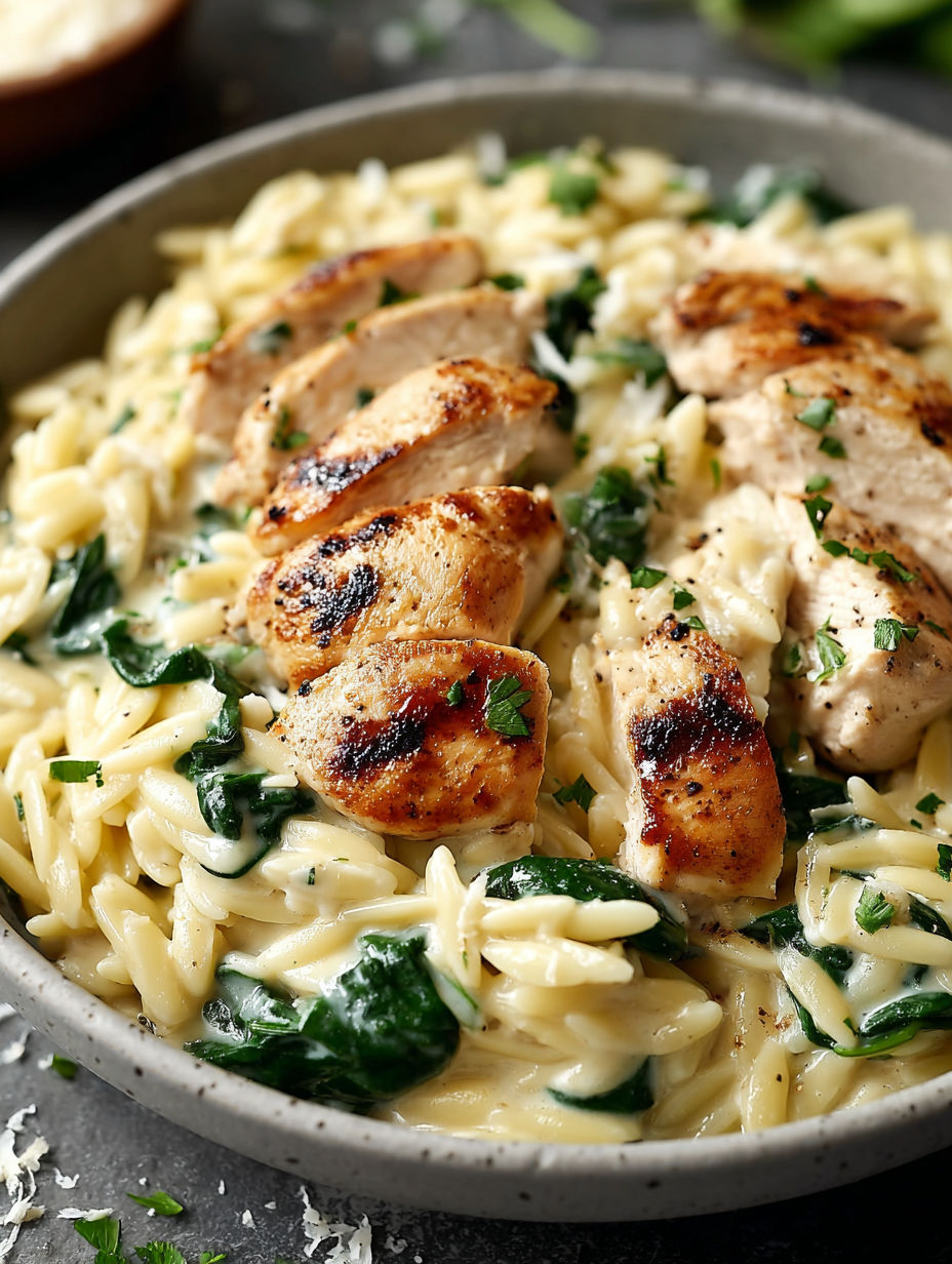 A bowl of pasta with chicken and spinach.