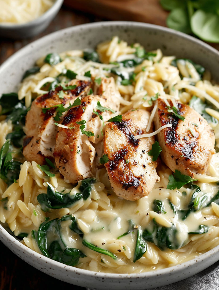 A bowl of pasta with chicken and spinach.