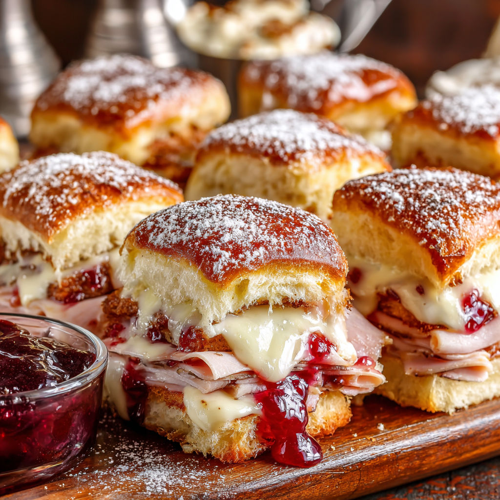 A plate of Monte Cristo sliders with jelly.