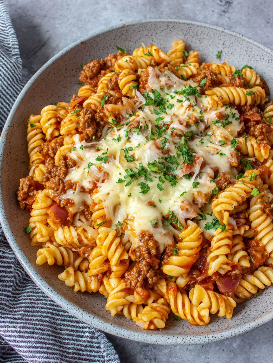 A bowl of pasta with meat and cheese.