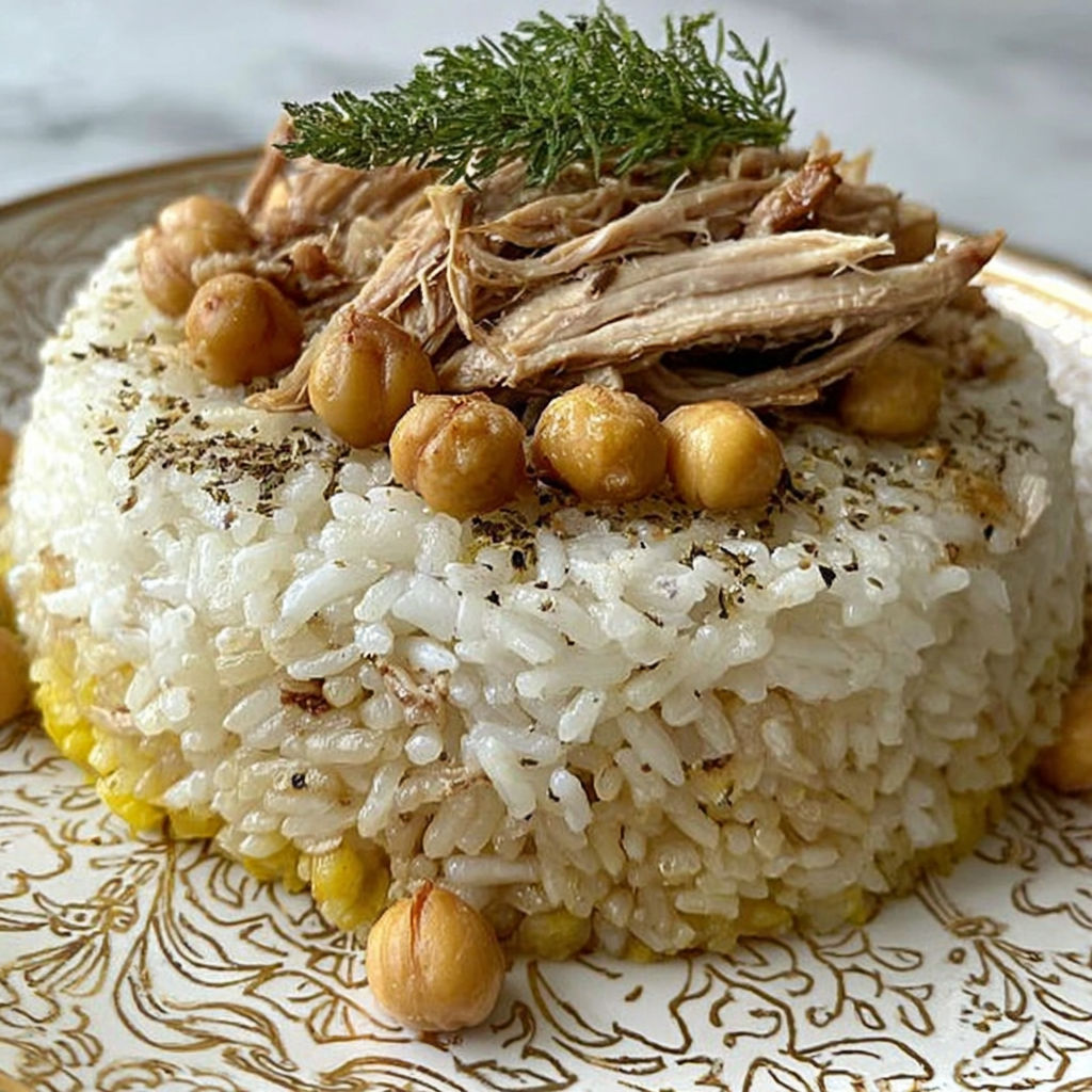A plate of rice with meat and vegetables on top.