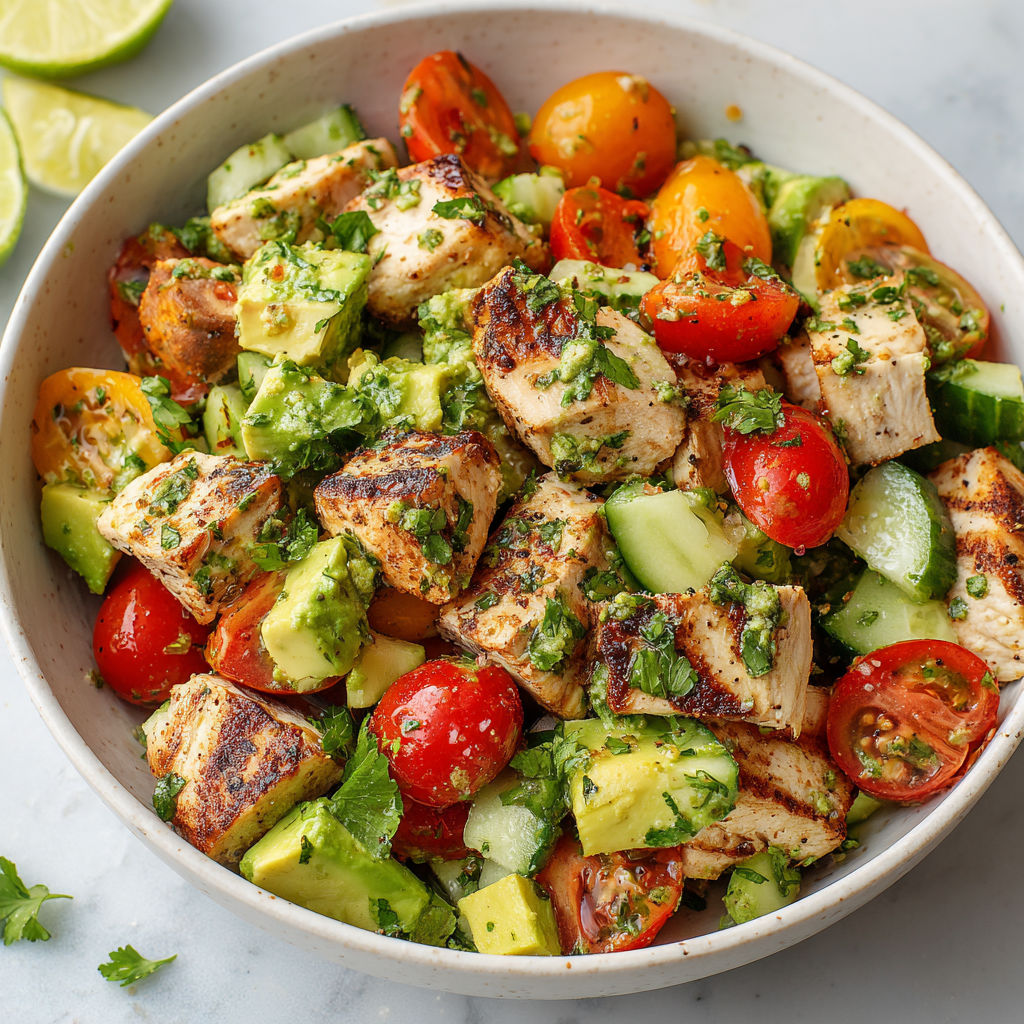 A bowl of chicken salad with avocado and tomato.