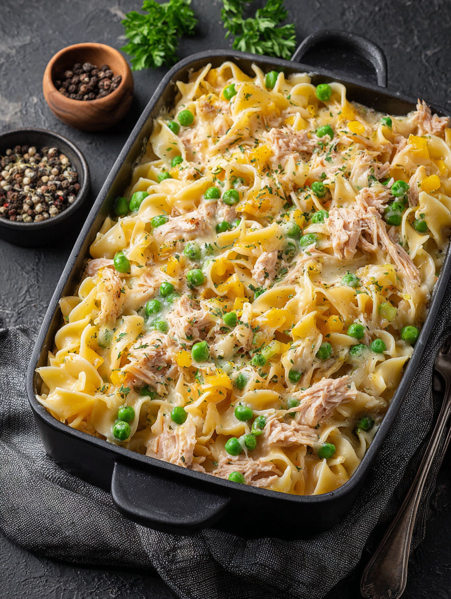 A dish of pasta with chicken and peas.