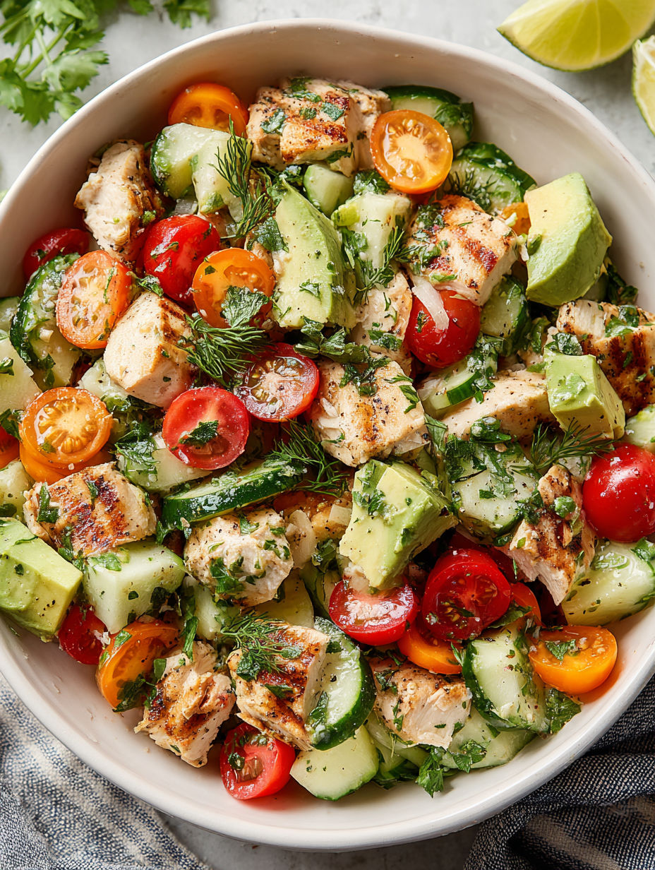 A bowl of chicken salad with avocado, tomatoes, and cucumbers.