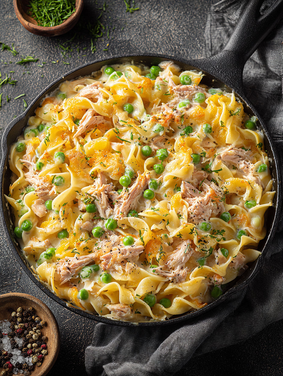 A pan of food with peas and chicken.