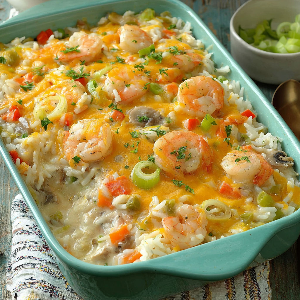 A dish of shrimp and rice casserole.