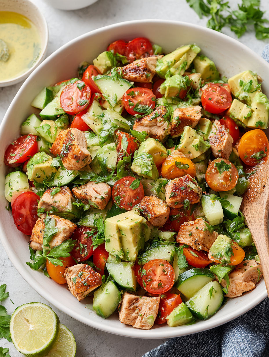 A bowl of chicken salad with avocado and tomatoes.