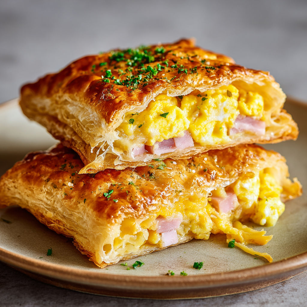 Two golden pockets of flaky ham and egg pastry.
