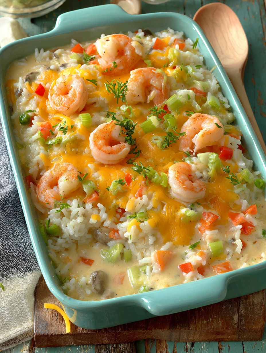 A dish of shrimp and rice casserole.