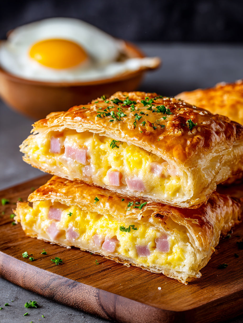 Two flaky ham and egg puff pastry pockets on a wooden table.