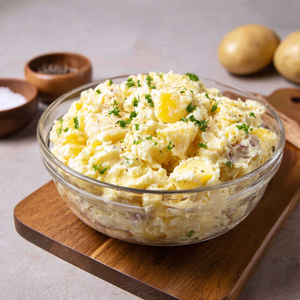 A bowl of potato salad with herbs on top.