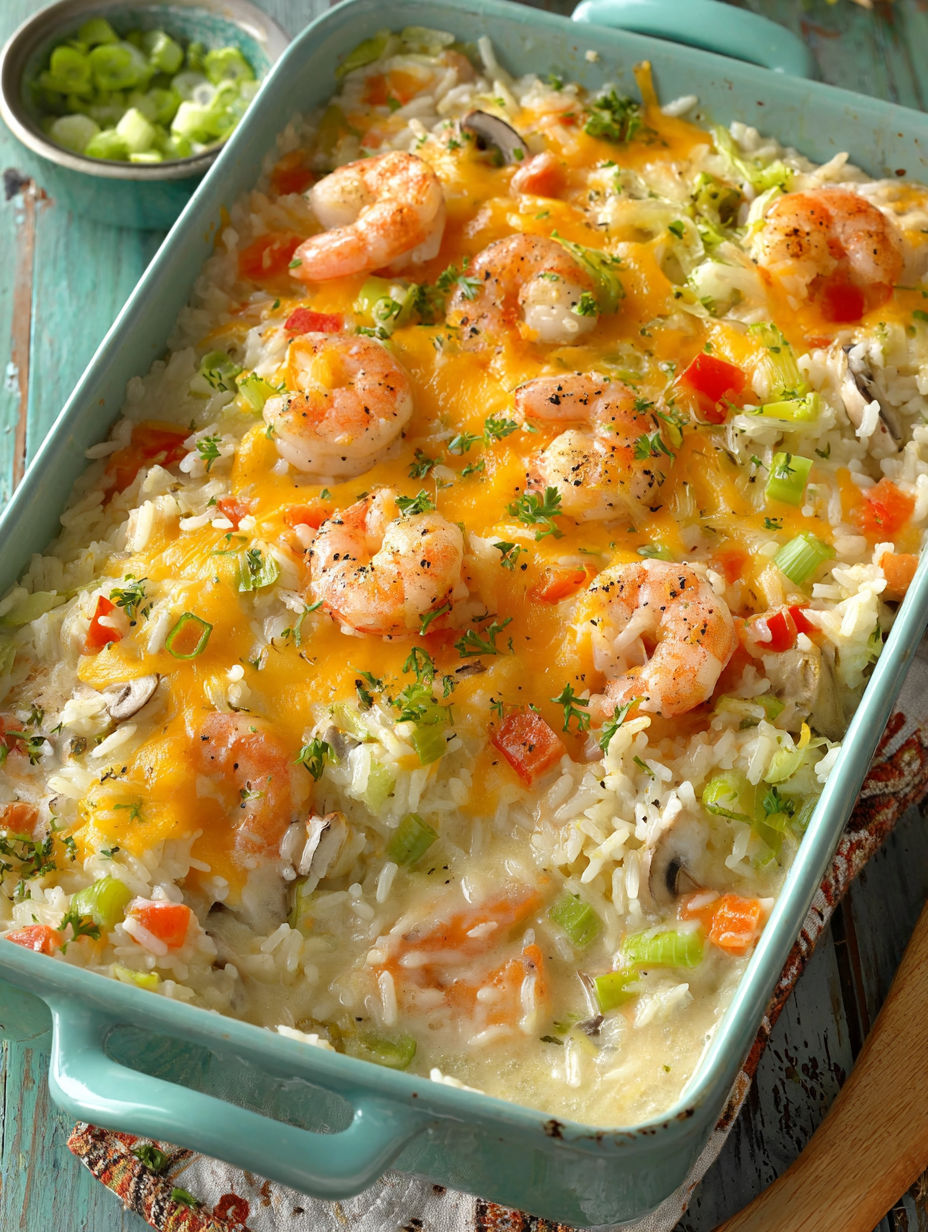 A dish of shrimp and rice casserole.