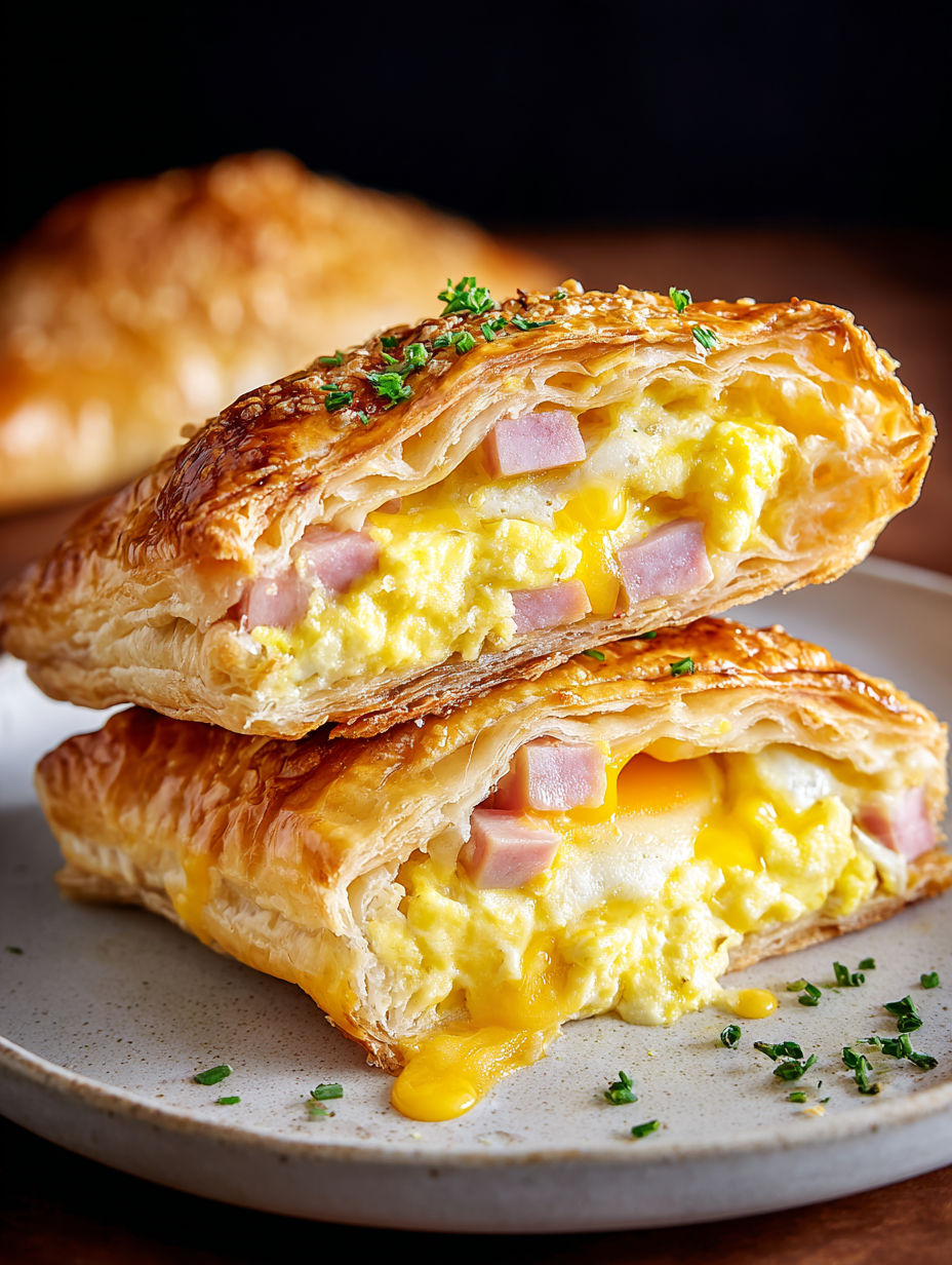 Two flaky ham and egg puff pastry pockets on a plate.