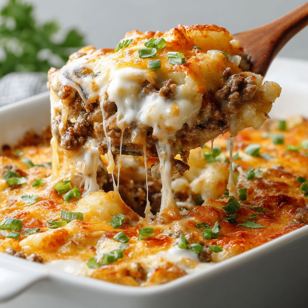 A hobo casserole with ground beef and cheese.