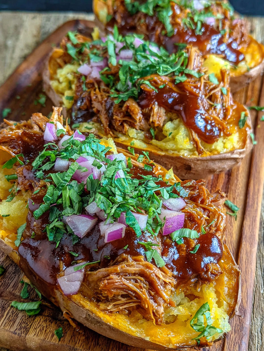A delicious meal of Pulled Pork Stuffed Sweet Potatoes.