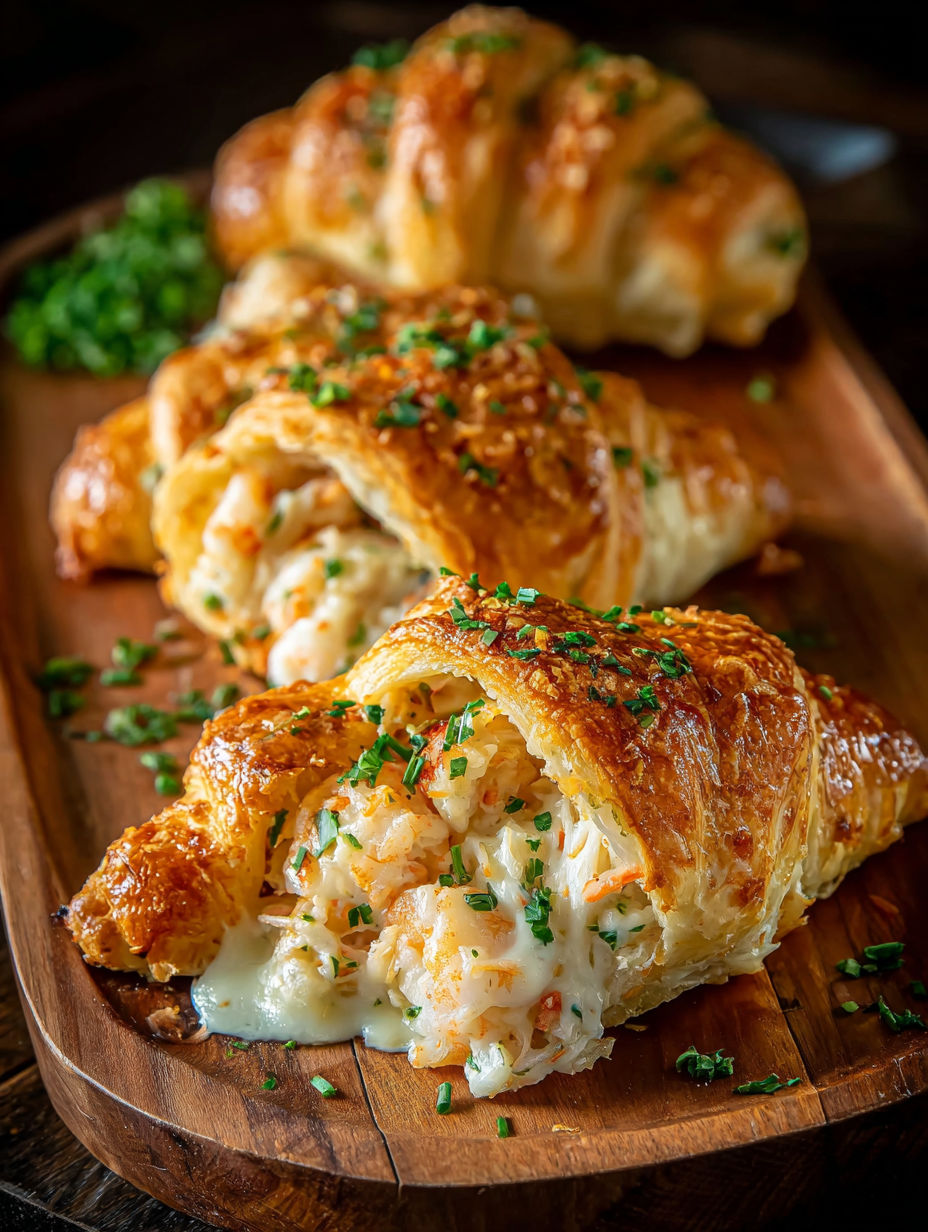 Shrimp and crab stuffed crescent bombs on a wooden platter.