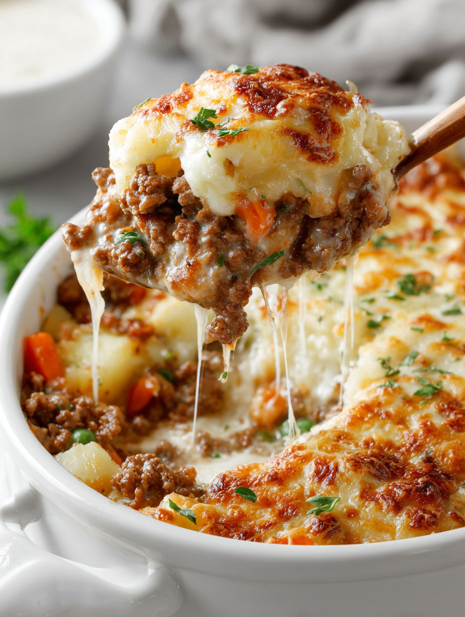 A close up of a delicious hobo casserole with ground beef.