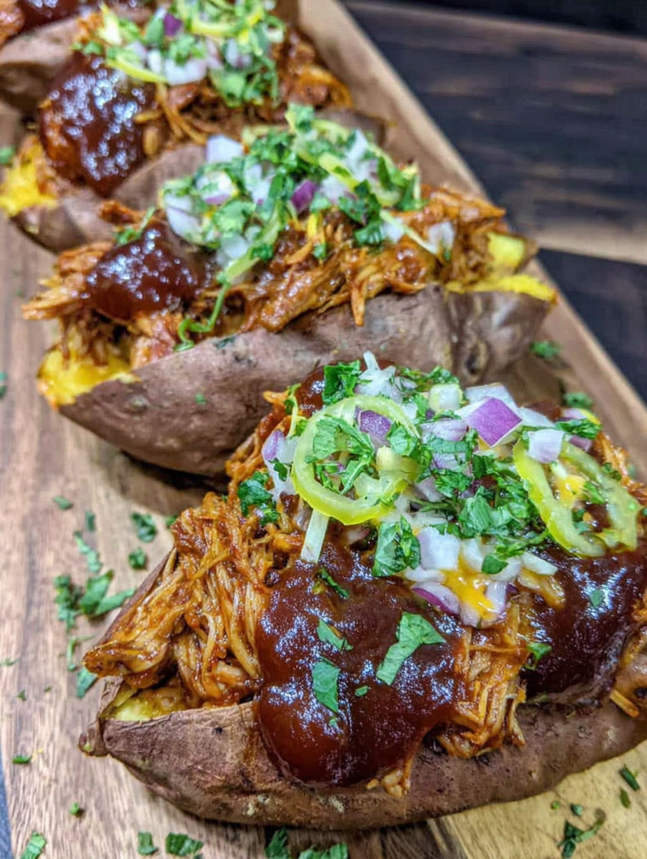 Pulled pork stuffed sweet potatoes with BBQ sauce.