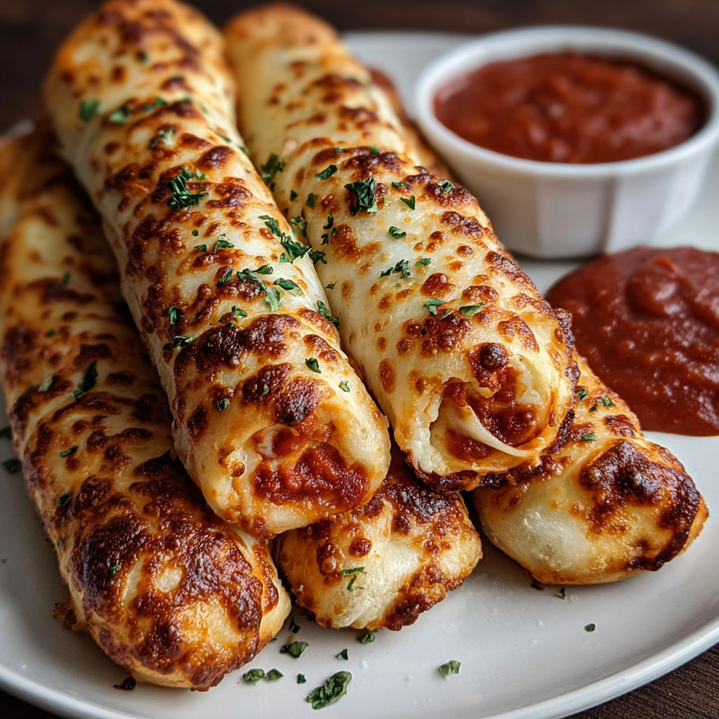 A plate of breadsticks with marinara sauce.
