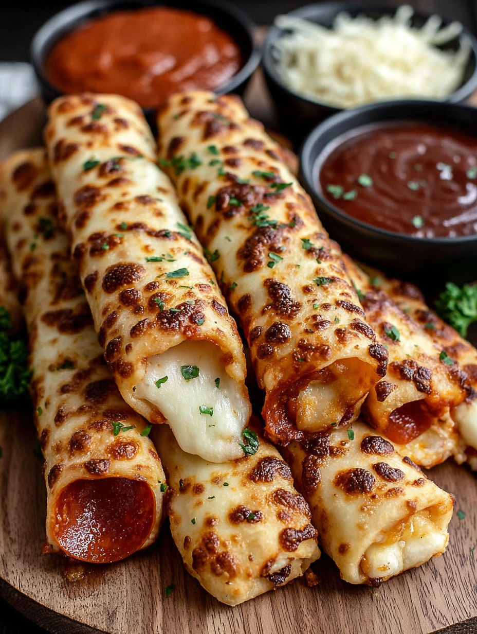 A plate of breadsticks with cheese and tomato sauce.