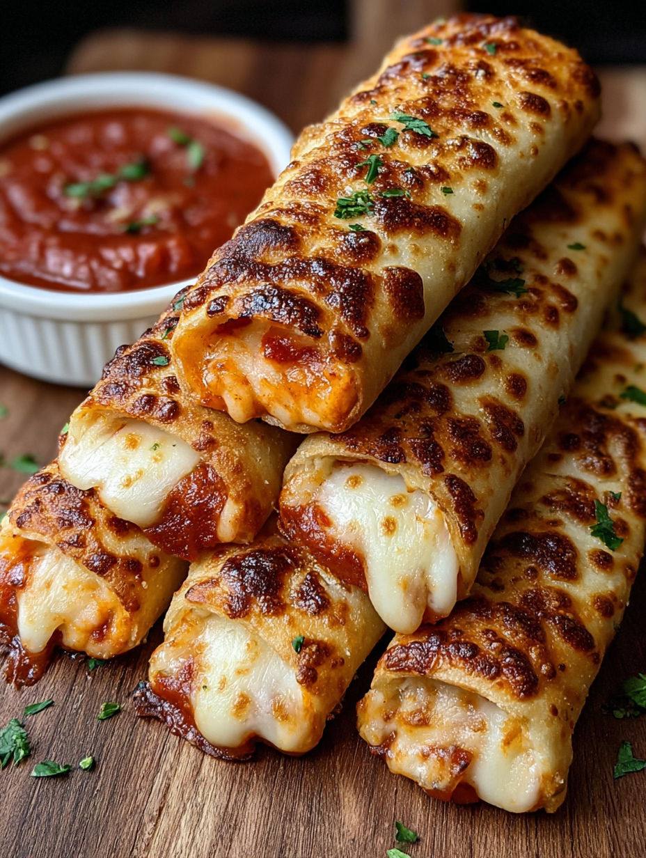 A plate of breadsticks with cheese and tomato sauce.